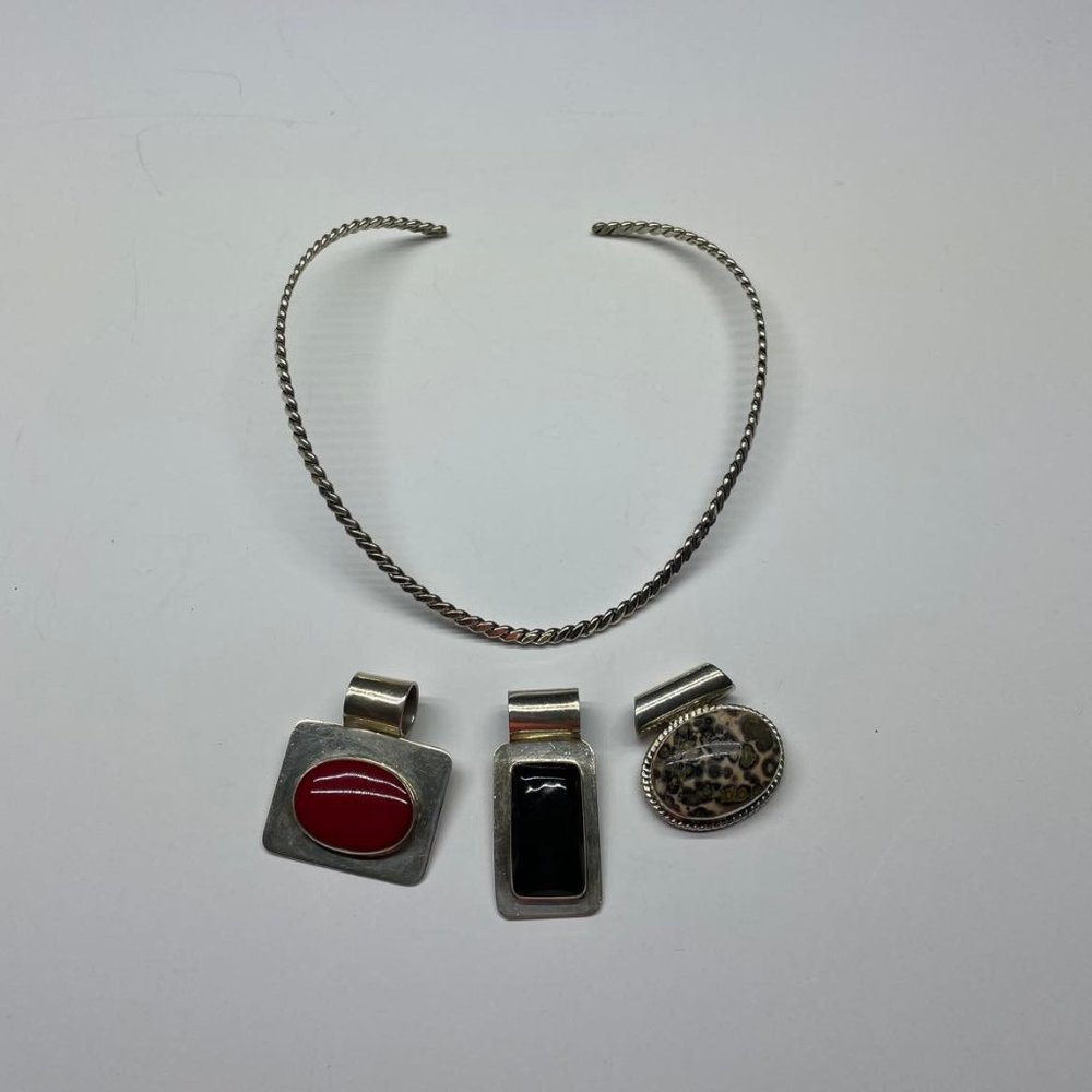 Sterling Silver Necklace with Three Pendants, Red, Black and Tortise Shell